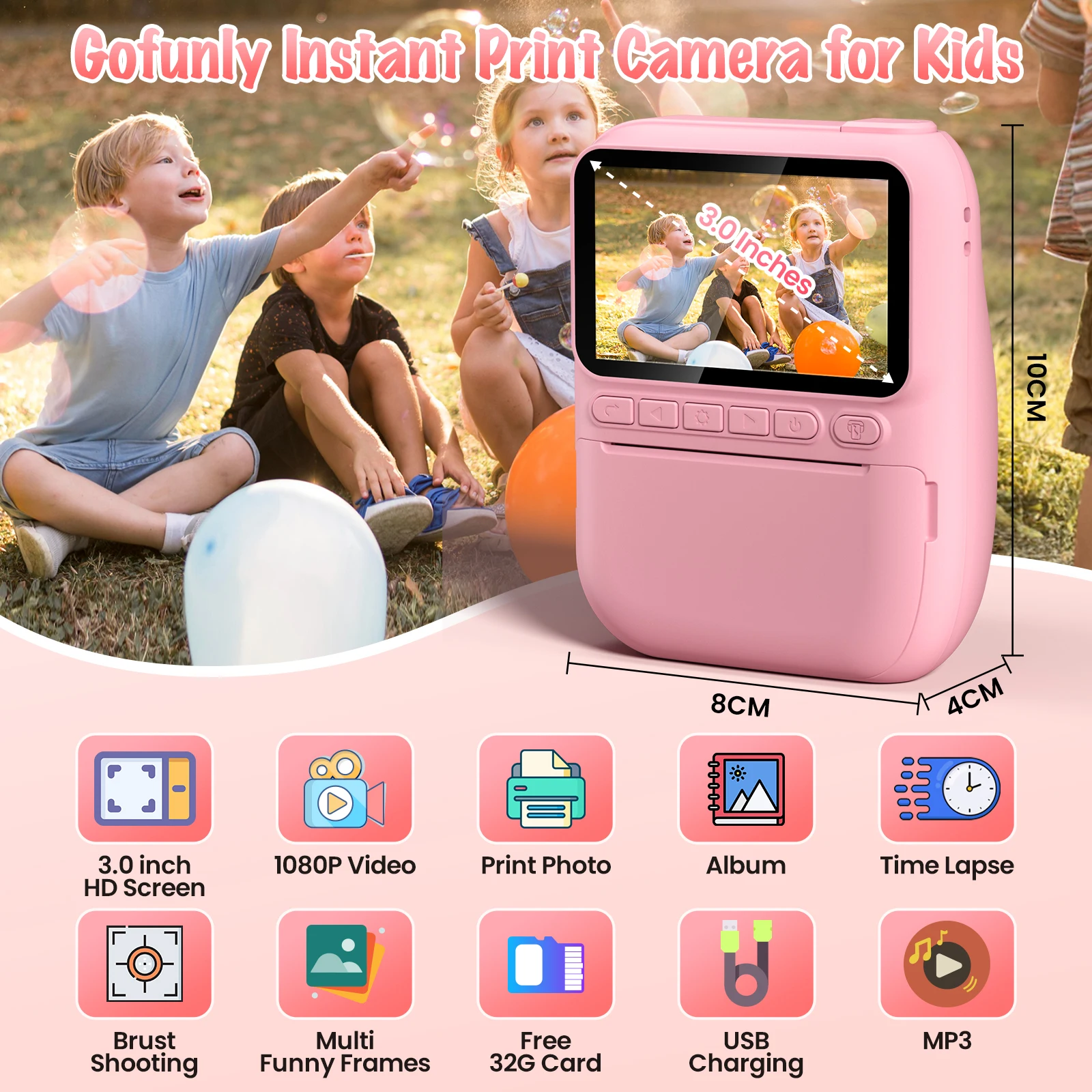Instant Print Camera for Kids, 3.0" Kids Camera, 32MP HD 1080P Digital Camera with 3 Rolls of Printer Paper – Image 5