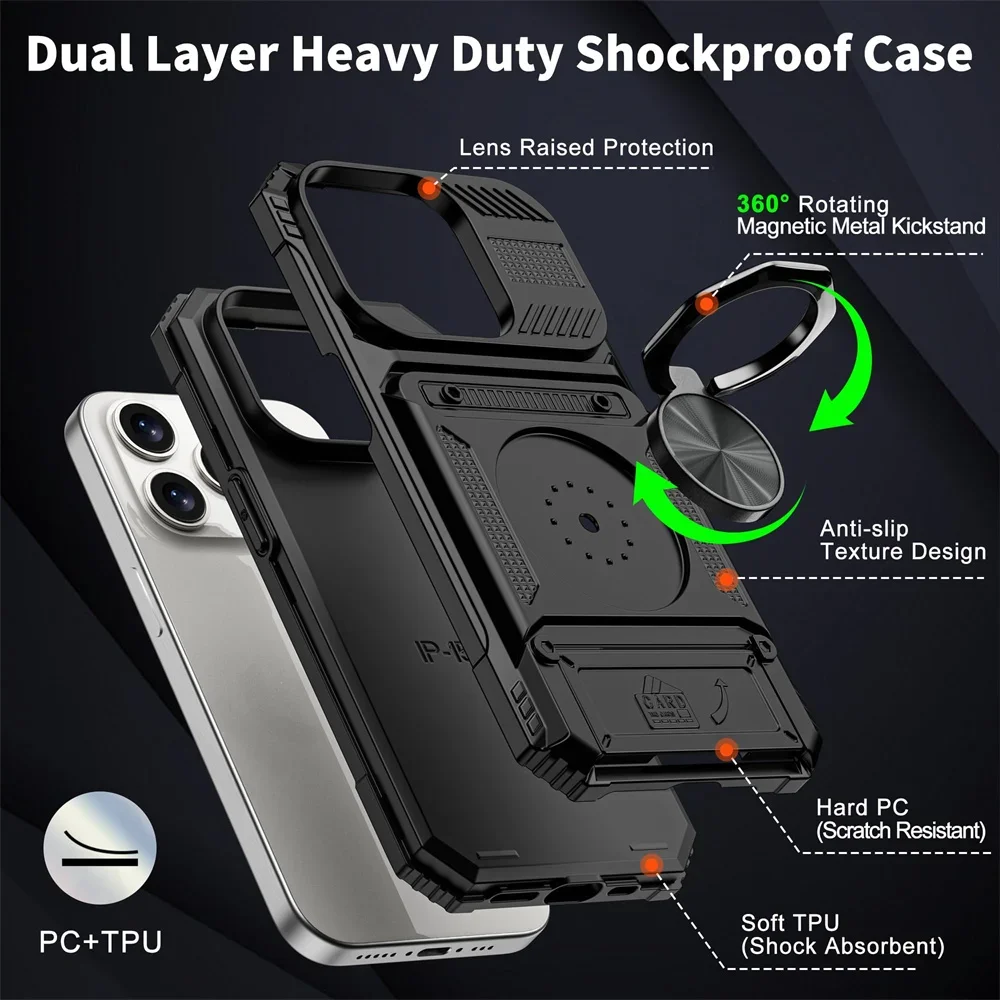 Case For iPhone 16 15 14 13 12 11 Pro Max XS XR 8 7 Plus Magnetic Rotated Ring Kickstand Heavy Duty Drop Protection Wallet Cover – Image 17
