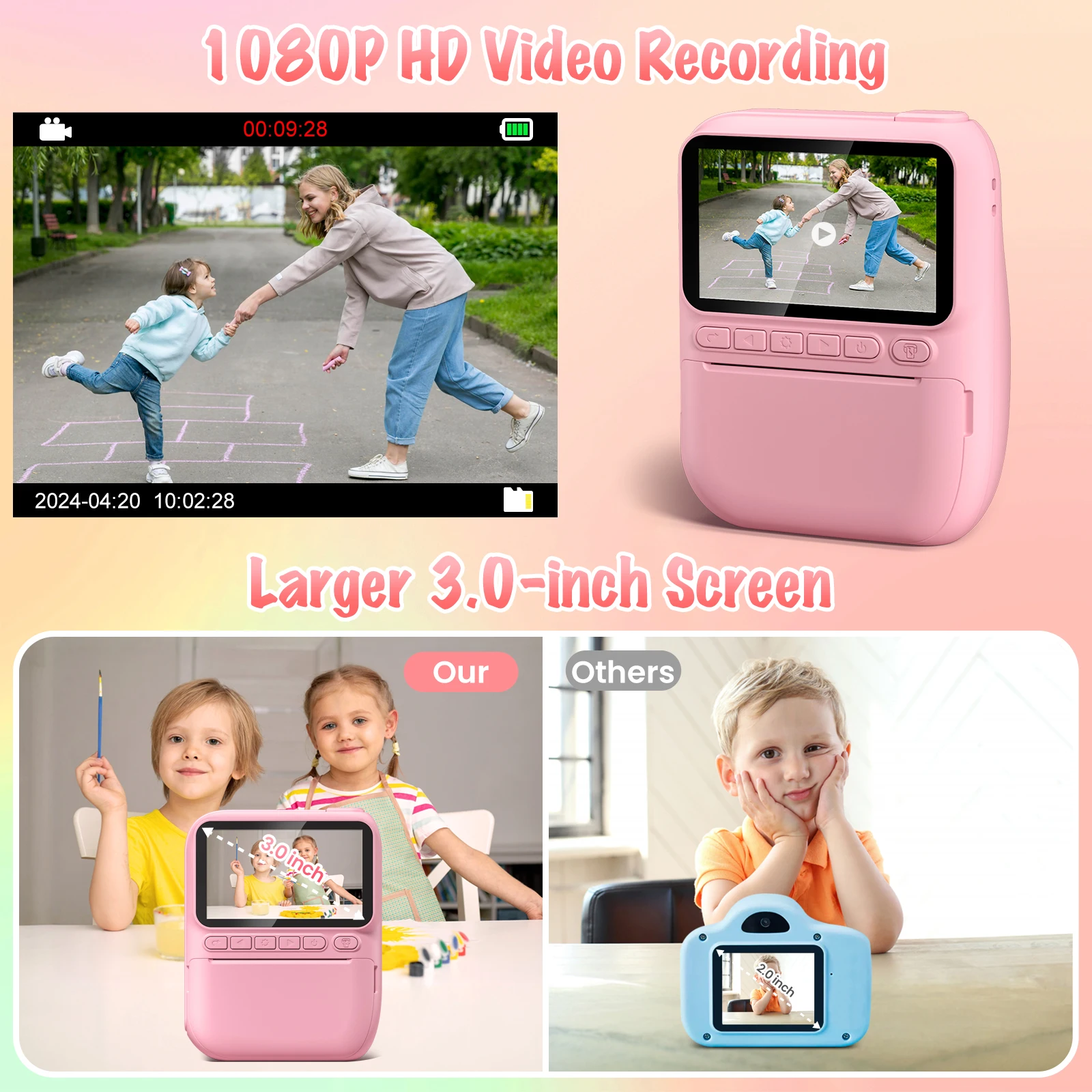 Instant Print Camera for Kids, 3.0" Kids Camera, 32MP HD 1080P Digital Camera with 3 Rolls of Printer Paper – Image 2