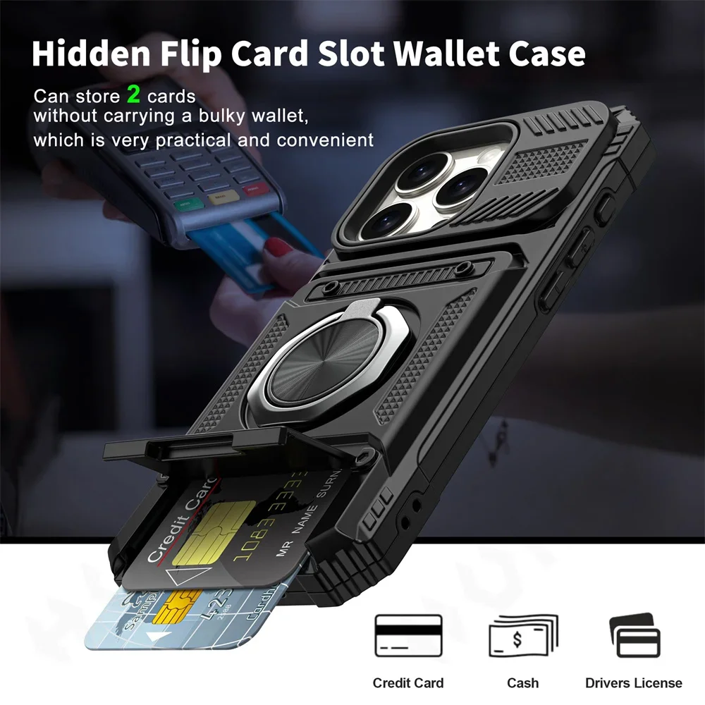 Case For iPhone 16 15 14 13 12 11 Pro Max XS XR 8 7 Plus Magnetic Rotated Ring Kickstand Heavy Duty Drop Protection Wallet Cover – Image 16