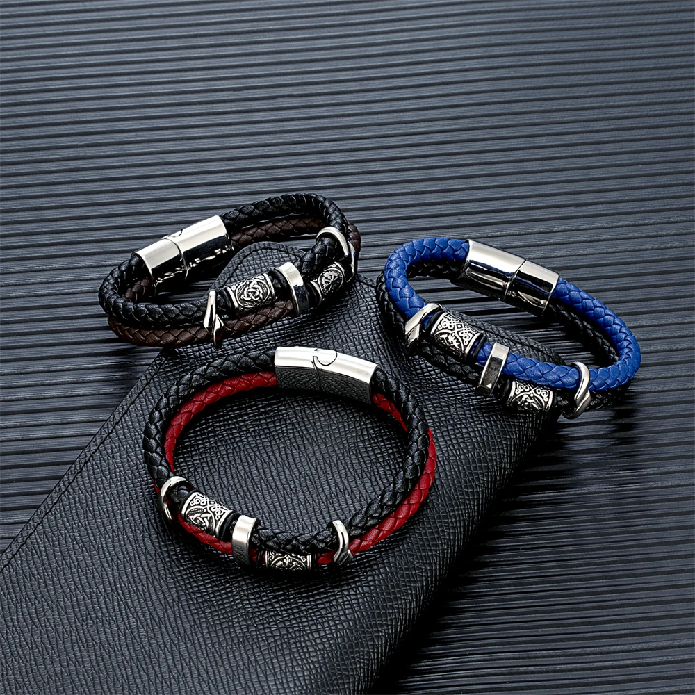 Vintage Vikings Compass Multilayer Genuine Leather Bracelet Men Stainless Steel Norse Runes Valknut Bangle Scandinavian Jewelry – Image 5